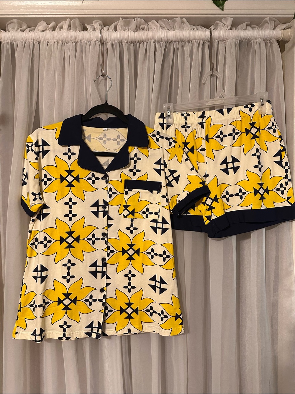 Yellow Navy Cotton Patterned Button Down Top and Short Pajama Set Size S